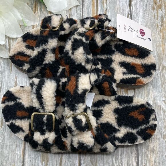 Fuzzy Leopard 2 Band Luxe Step In Comfy Indoor Outdoor Sandals Slippers Shoes 6 - Picture 2 of 9